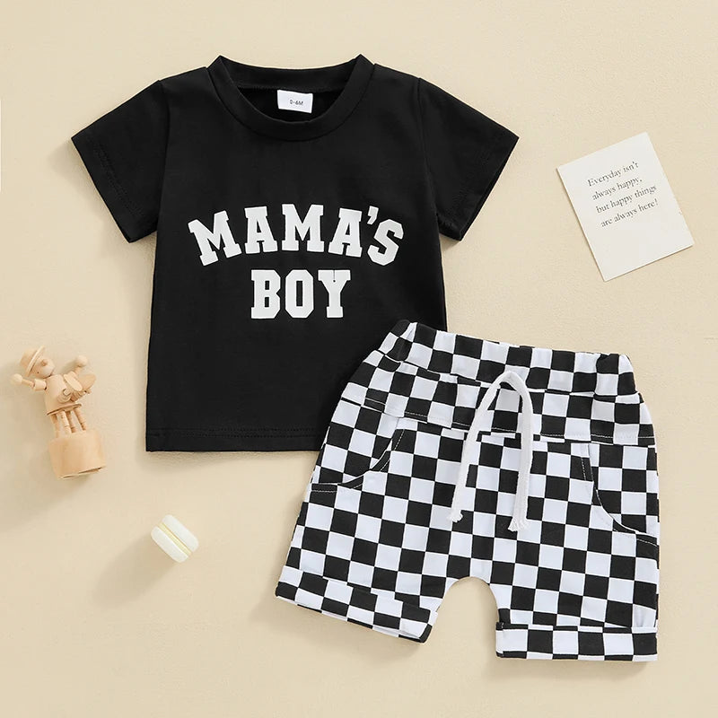 Toddler Baby Boys 2Pcs Mama's Boy Spring Summer Clothes Outfits Letters Print Top with Plaid Checker Shorts Clothing Set