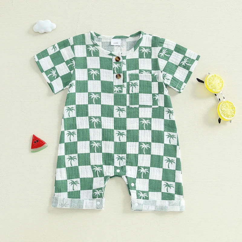 Baby Boy Romper Summer Short Sleeve Round Neck Checkered Tree Print Jumpsuit Playsuit