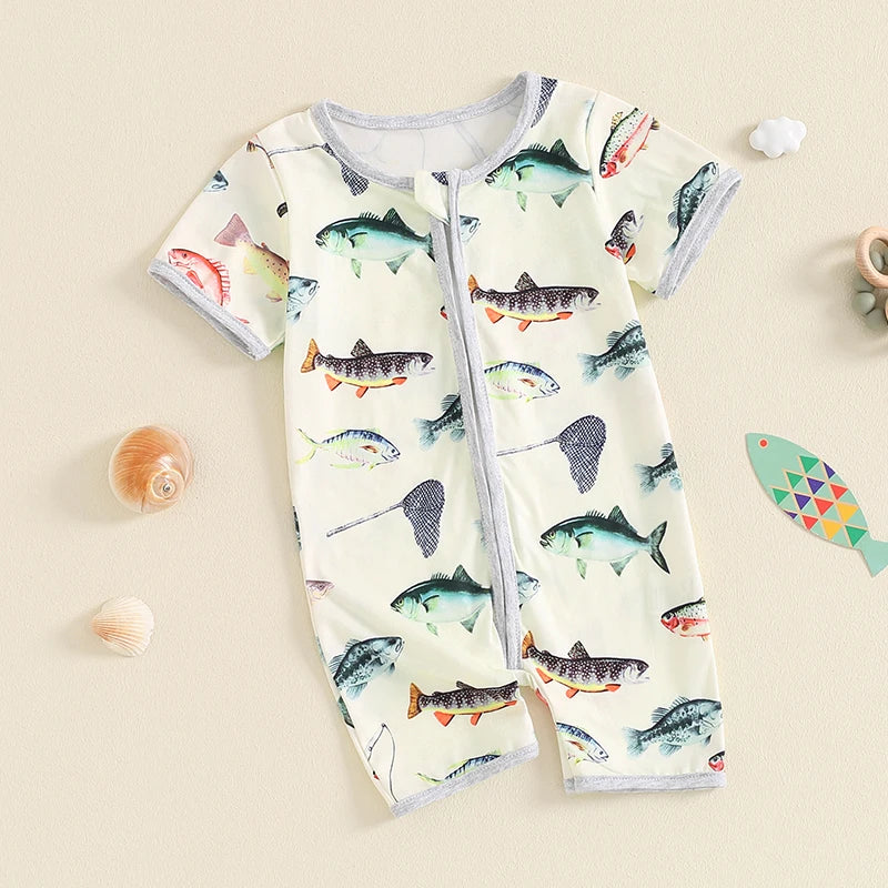 Baby Toddler Boy Girl Summer Romper Fish Print Short Sleeves Round Neck Front Zipper Jumpsuit