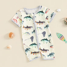 Load image into Gallery viewer, Baby Toddler Boy Girl Summer Romper Fish Print Short Sleeves Round Neck Front Zipper Jumpsuit
