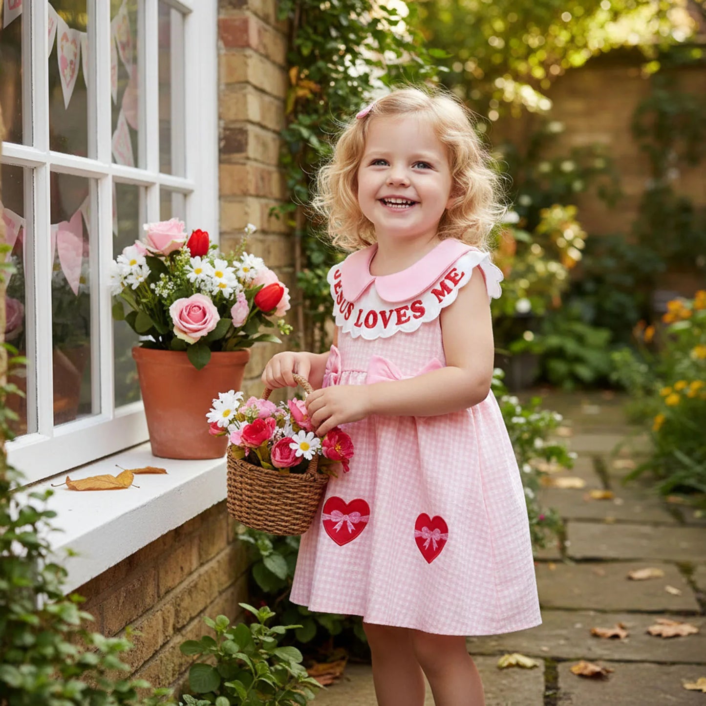 Baby Toddler Girls A-line Dress Valentine's Day Jesus Loves Me Sleeveless Doll Collar Letter Heart Embroidery Plaid Dress