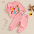 Baby Toddler Kids Girls It's My Birthday Outfit Letter Embroidery Long Sleeve Crew Neck Pullover Top with Solid Long Pants Jogger Set