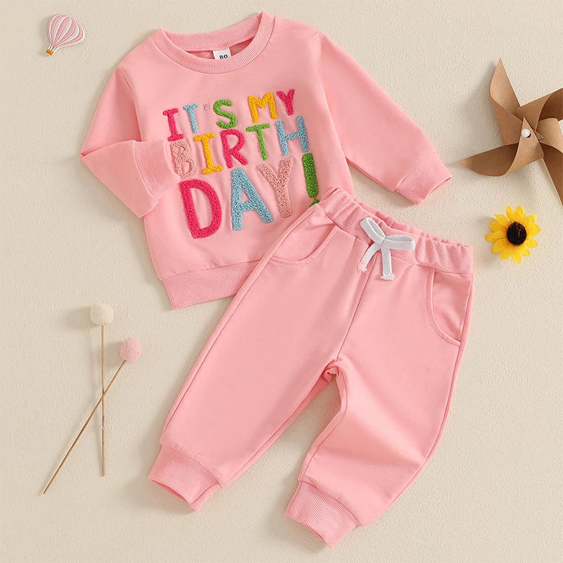 Baby Toddler Kids Girls It's My Birthday Outfit Letter Embroidery Long Sleeve Crew Neck Pullover Top with Solid Long Pants Jogger Set