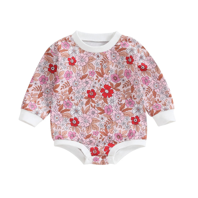 Baby Girls Romper Long Sleeve Crew Neck Flower Print Jumpsuit Clothes