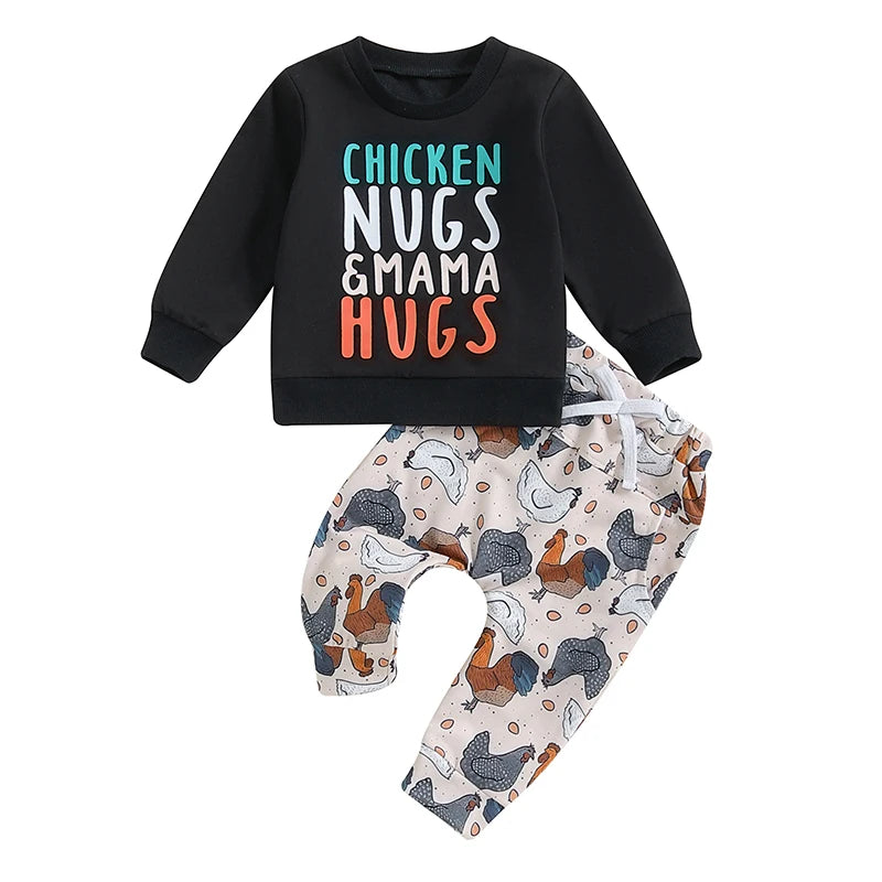 Baby Toddler Boys 2Pcs Chicken Nugs & Mama Hugs Autumn Outfit Long Sleeve Crew Neck Letter Print Top Chicken Print Pants Set