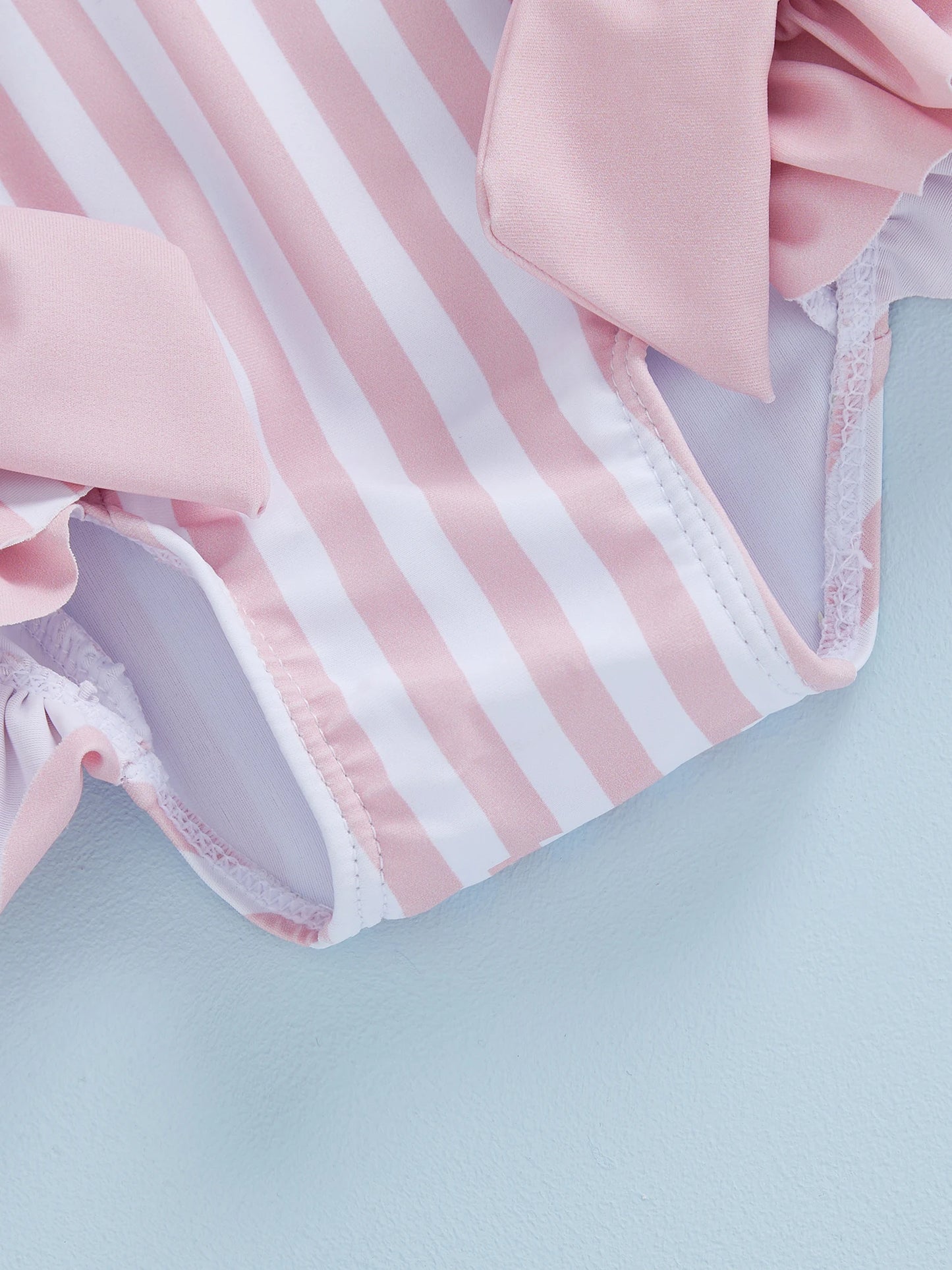 Baby Toddler Girls 3Pcs Swimsuit Ruffles Collar Long Sleeve Striped Print Bow Swimwear with Hat Set