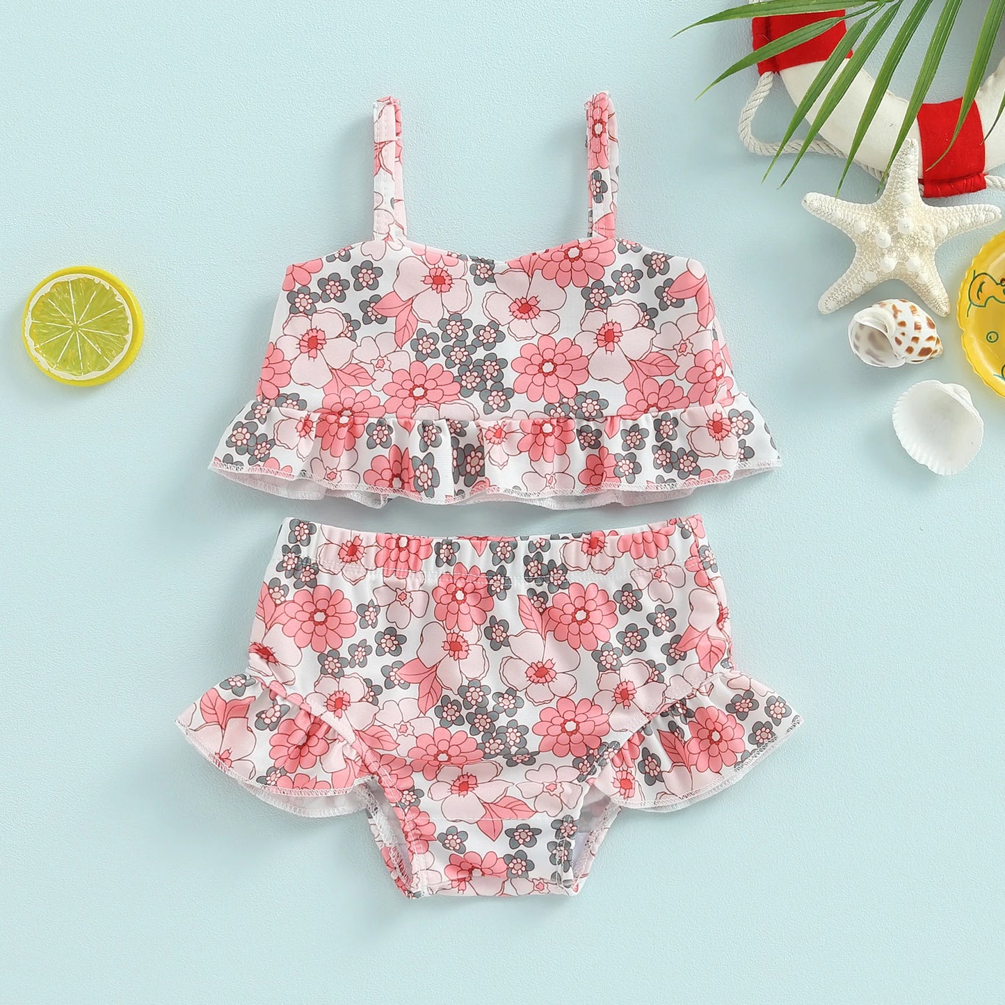 Baby Toddler Girls 2Pcs Bikini Sets Scale/Shell/Floral Print Sleeveless Tank Top and Bottoms Bathing Suit Set