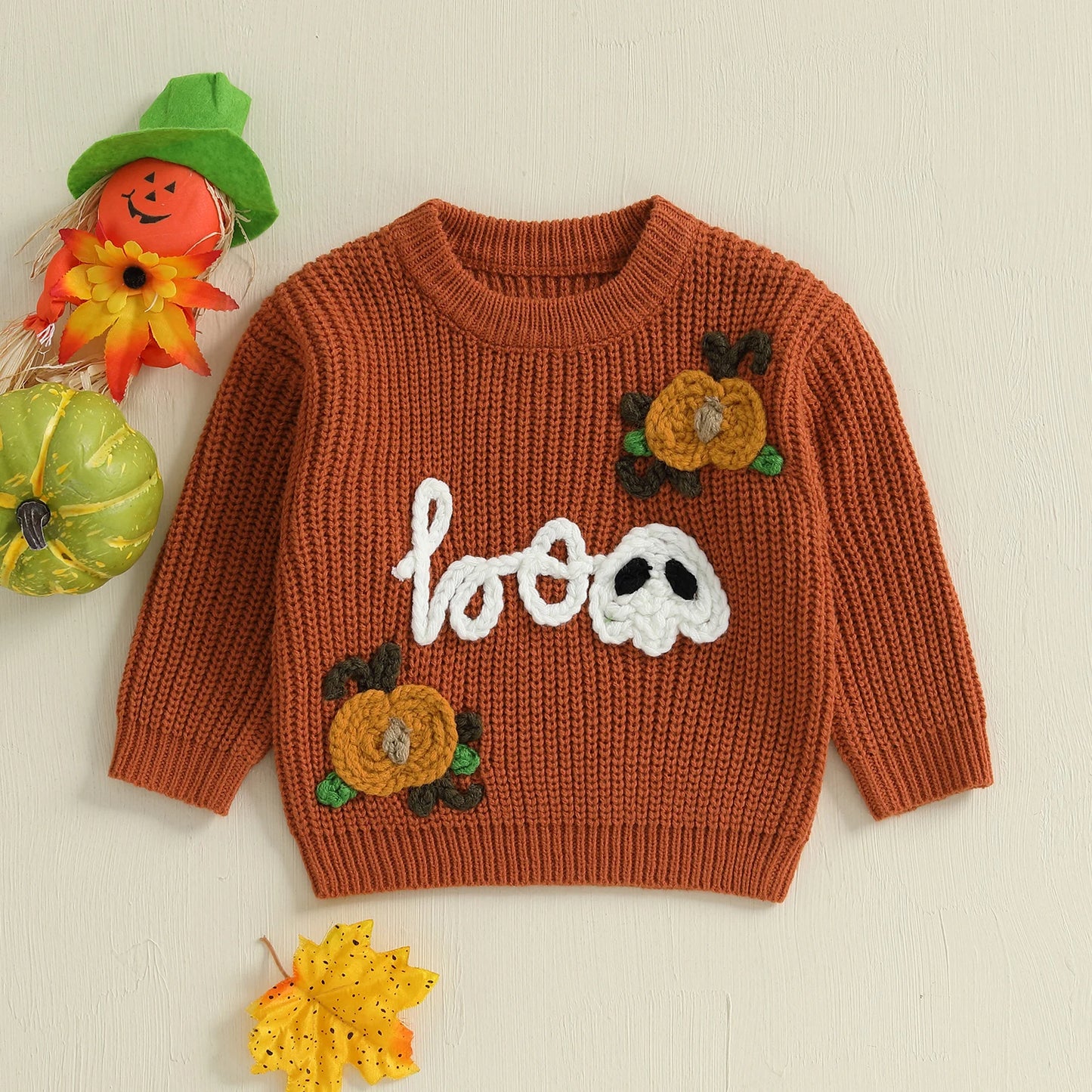 Baby Toddler Boys Girls Halloween Sweater Boo Letter Ghost Embroidery Long Sleeve Crew Neck Knitwear Pullover Top