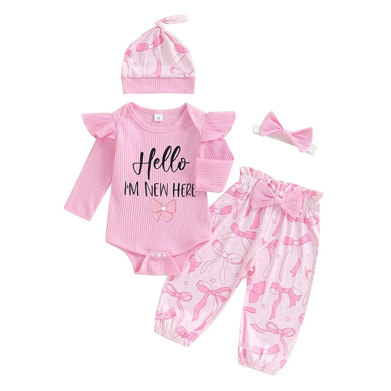 Baby Girls 4Pcs Hello I'm New Here Outfit Letter Long Sleeve Romper with Bow / Butterfly Pattern Pants and Headband Hat Set