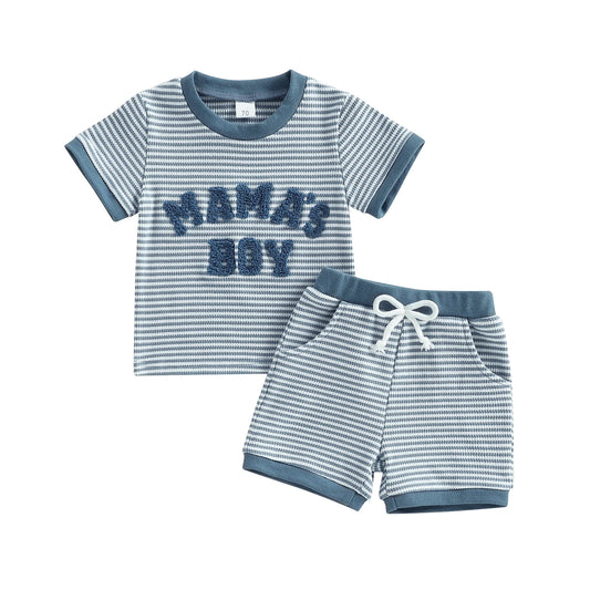Baby Toddler Boys 2Pcs Mama's Boy Outfit Summer Short Sleeve Round Neck Letter Embroidery Striped Top and Shorts Set