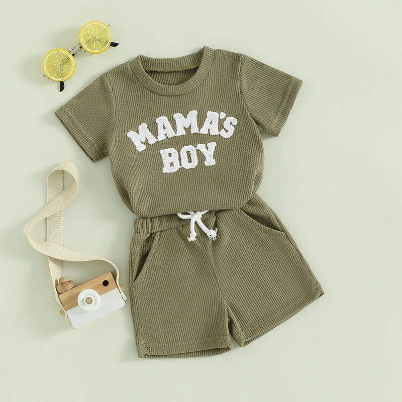 Baby Toddler Boy 2Pcs Mama's Boy Letter Embroidery Short Sleeve Top Matching Shorts Set Waffle Outfit