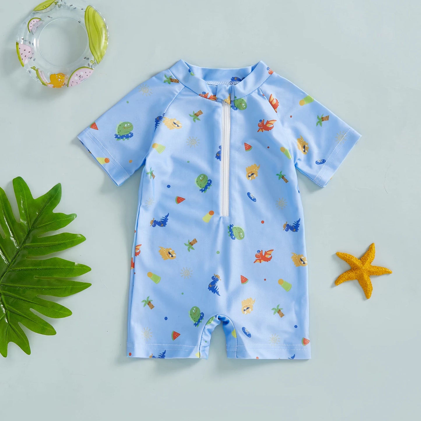 Baby Toddler Boys Rash Guard Swimwear Palm Tree Print Short Sleeve Mock Neck Zip Bathing Suit