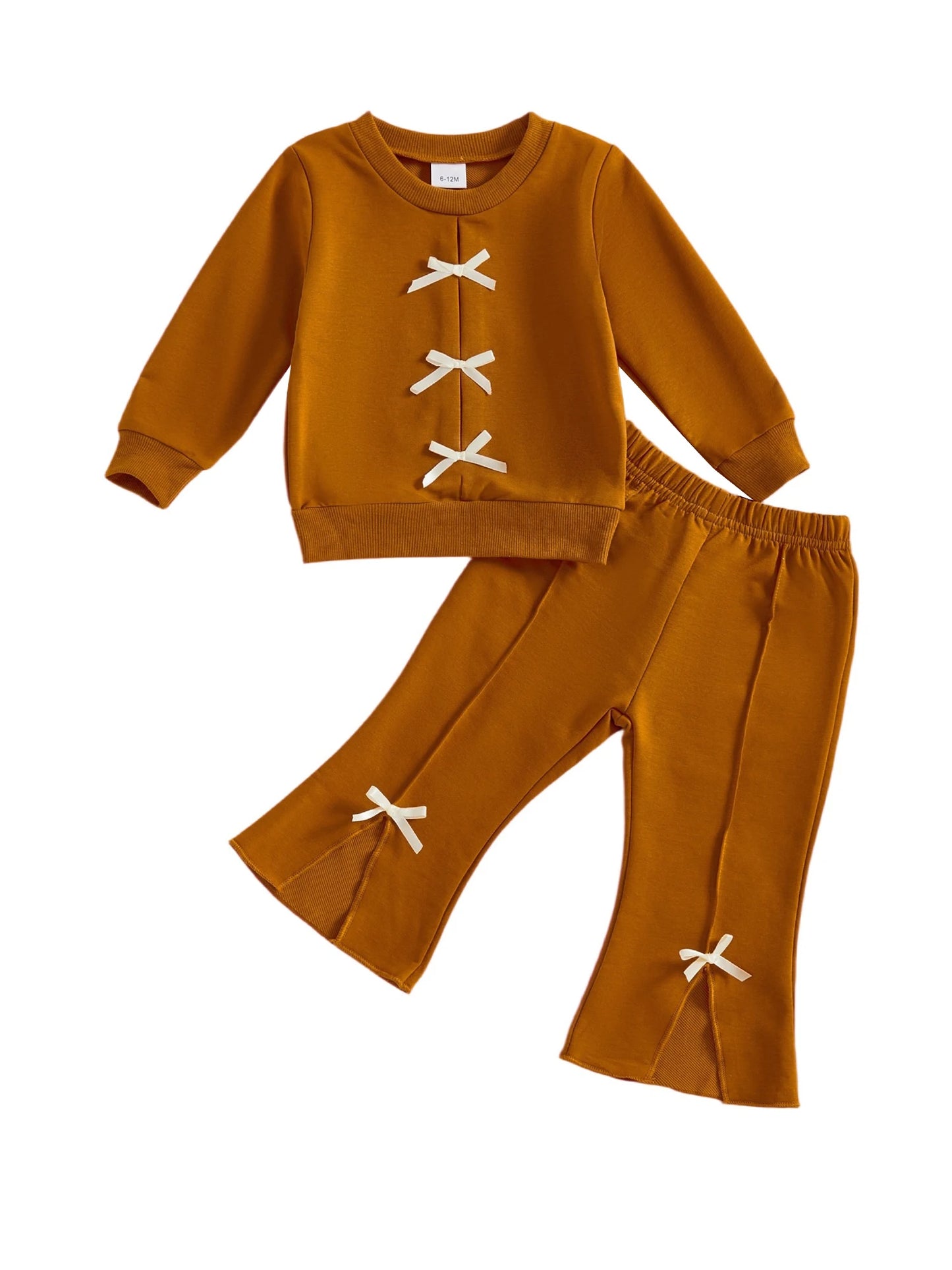 Baby Toddler Girl 2Pcs Fall Outfit Bow Decor Long Sleeve Round Neck Pullover Top + Elastic Waist Flare Pants 2Pcs Set
