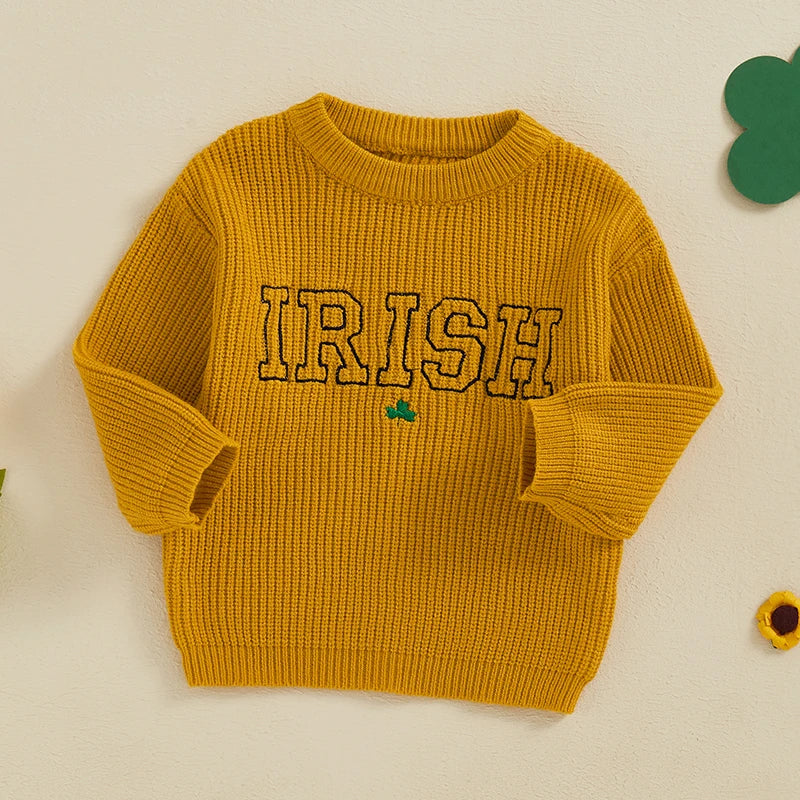 Baby Toddler Boy Girl Irish Sweater Clover Letter Crew Neck Long Sleeve Pullover Knit Top Causal Spring Clothes