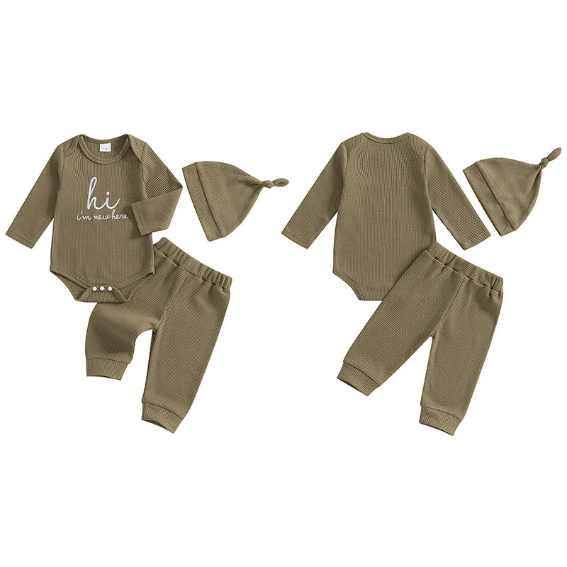 Baby Boys 3Pcs Hi I'm New Here Waffle Fall Set Letter Print Long Sleeve Round Neck Romper Long Pants Hat Outfit