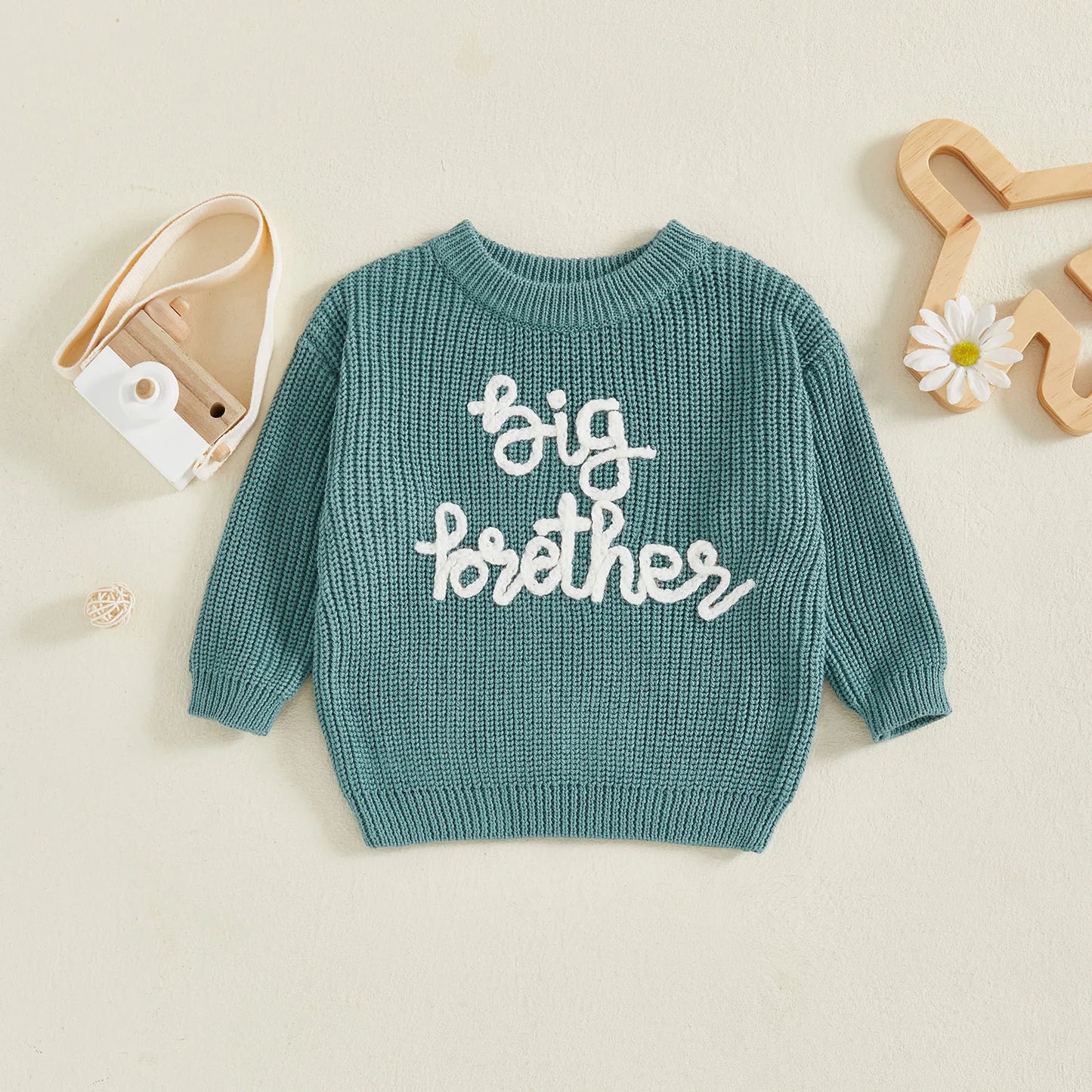 Toddler Boy Big Brother Fall Sweater Letter Embroidered Crewneck Long Sleeve Pullover Chunky Knit Tops