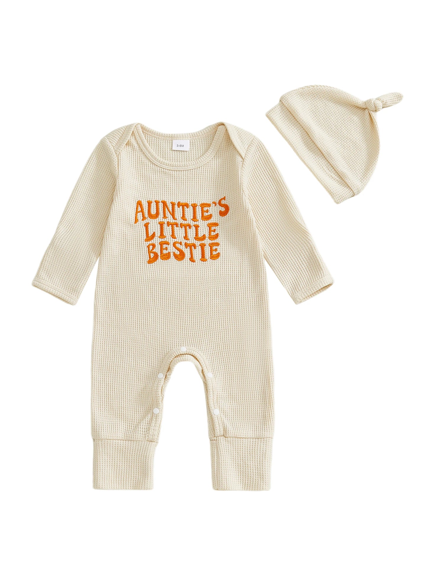 Baby Boys Girls 2Pcs Auntie's Little Bestie Fall Outfits Long Sleeve Letter Embroidery Jumpsuit with Hat Set Clothes