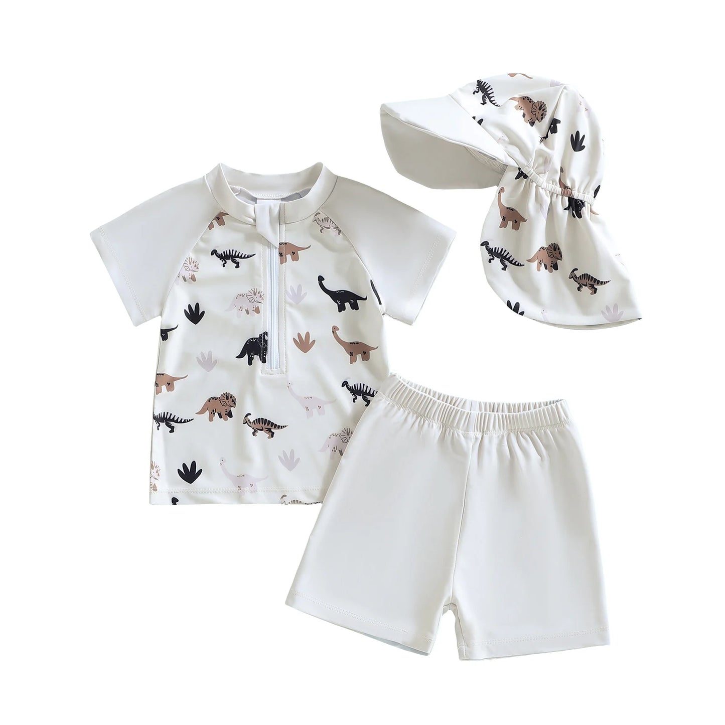 Baby Toddler Boys 3Pcs Rash Guard Swimsuit Short Sleeve Dinosaur Print Top Swim Shorts Hat Swimwear Three Piece Set