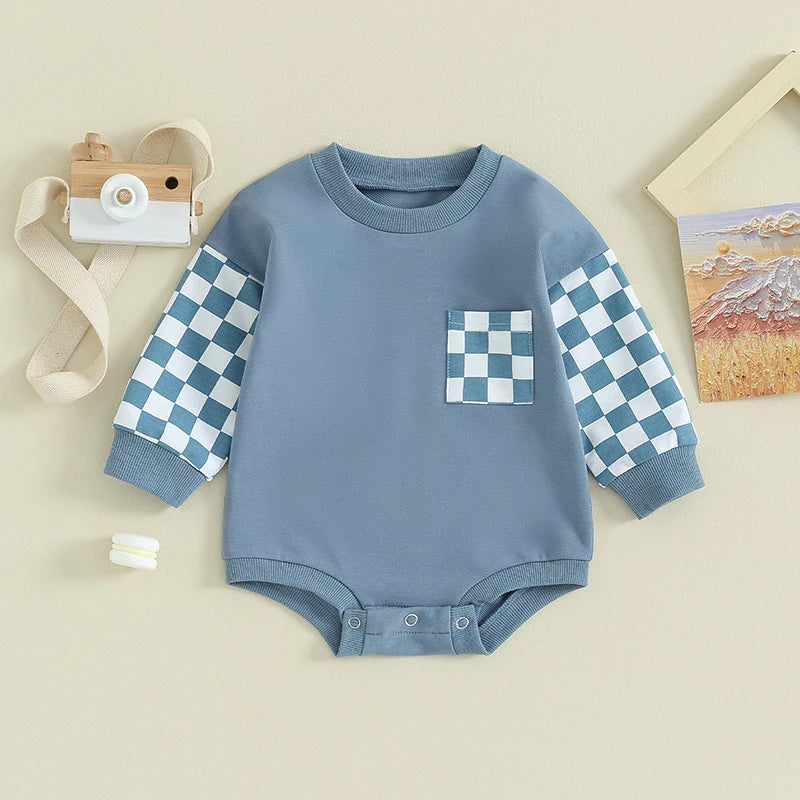 Baby Toddler Boy Girl Crewneck Plaid Checker Contrast Color Bubble Rompers Long Sleeve Jumpsuit