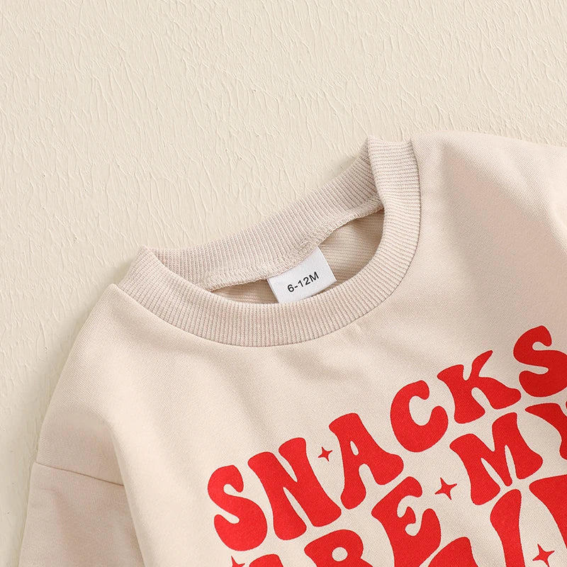 Baby Toddler Boys Girls 2Pcs Snacks Are My Love Language Valentine's Day Outfit Letter Print Long Sleeve Top and Elastic Pants Jogger Set Valentines