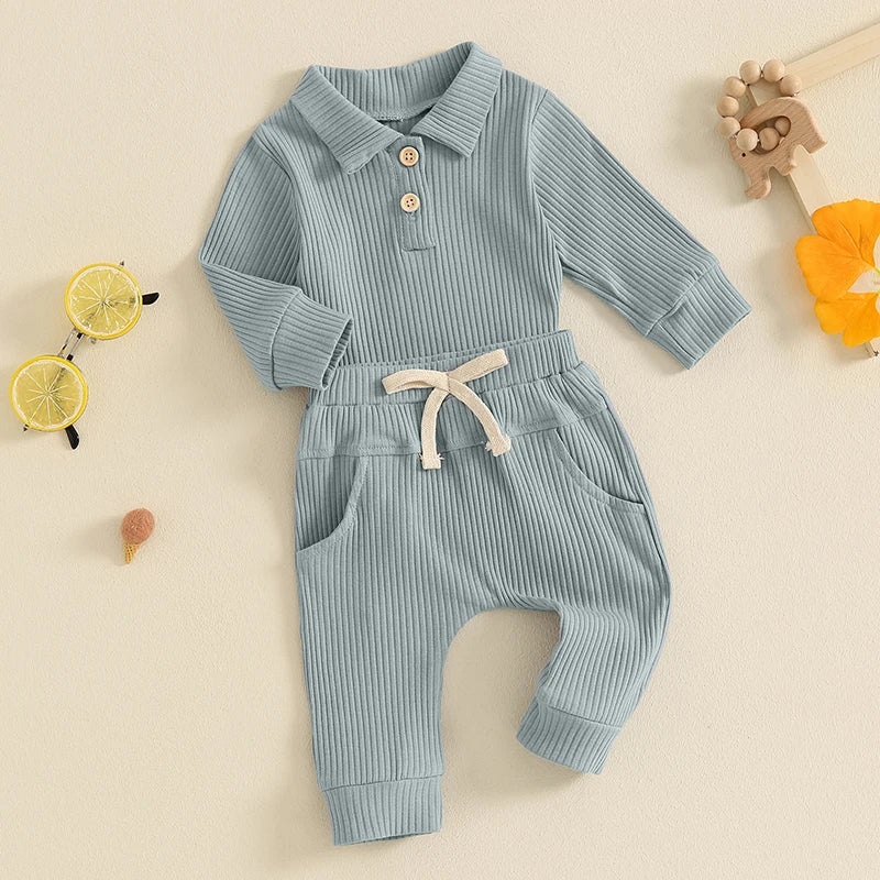 Baby Boys Girls 2Pcs Ribbed Set Button Long Sleeve Romper with Collar Drawstring Pocket Long Pants Outfit Clothes