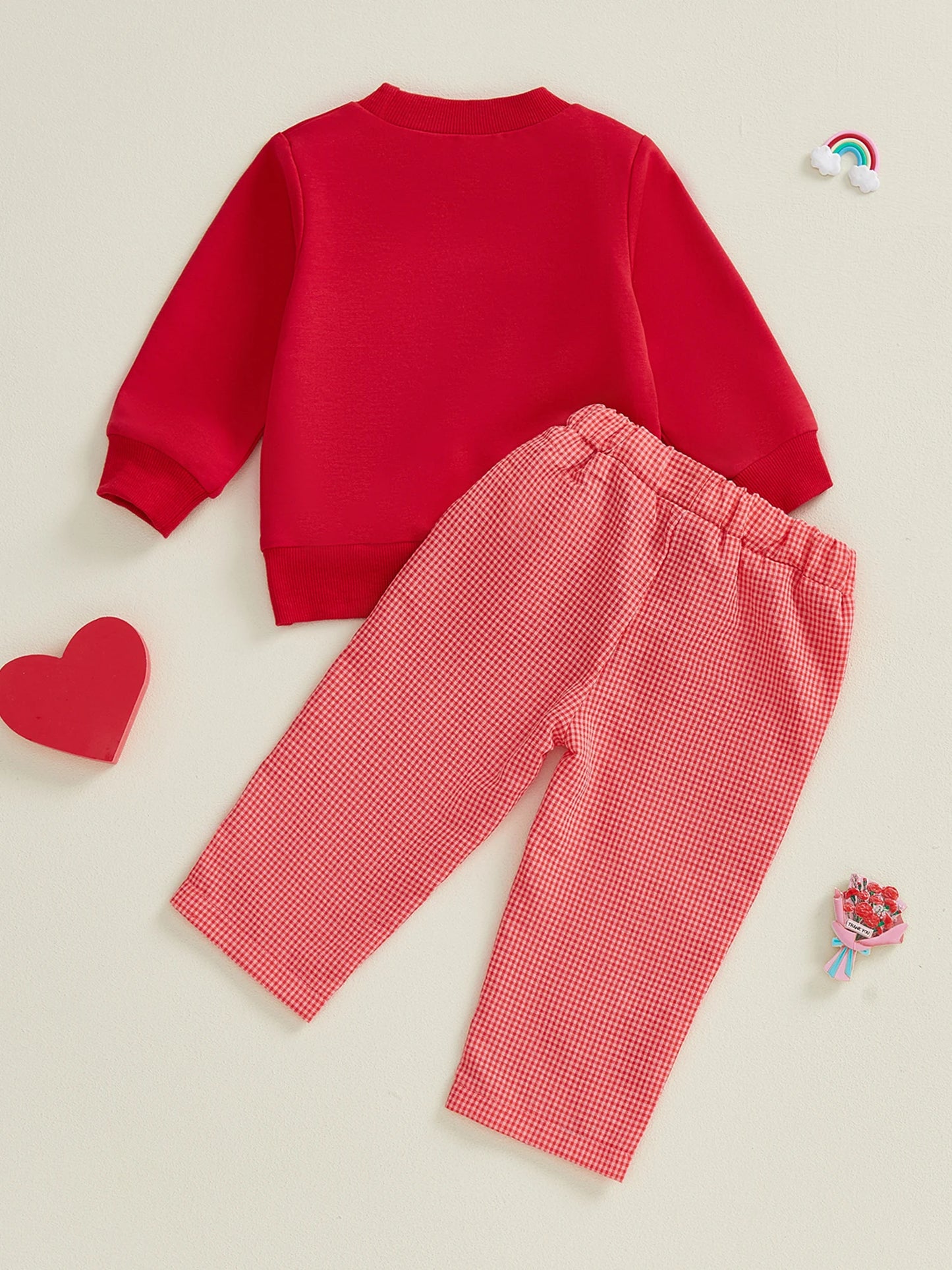 Baby Toddler Boys 2Pcs Lover Boy Valentine's Day Outfit Fashionable Long Sleeve Letters Embroidery Pullover with Plaid Heart Print Pants 2Pcs Clothing Set
