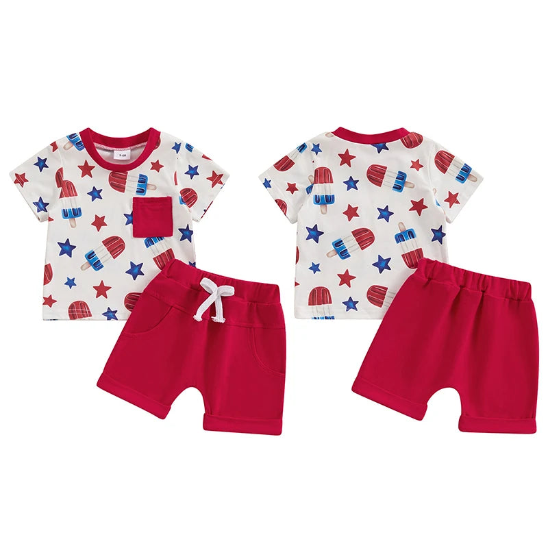 Baby Toddler Boy 2Pcs 4th of July Outfit Star Popsicle Print Short Sleeve Top with Pocket + Elastic Waist Shorts Independence Day Set