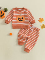 Baby Toddler Boys 2Pcs Halloween Outfit Stripe Pumpkin Embroidery Long Sleeve Top and Long Jogger Pants Clothes Set