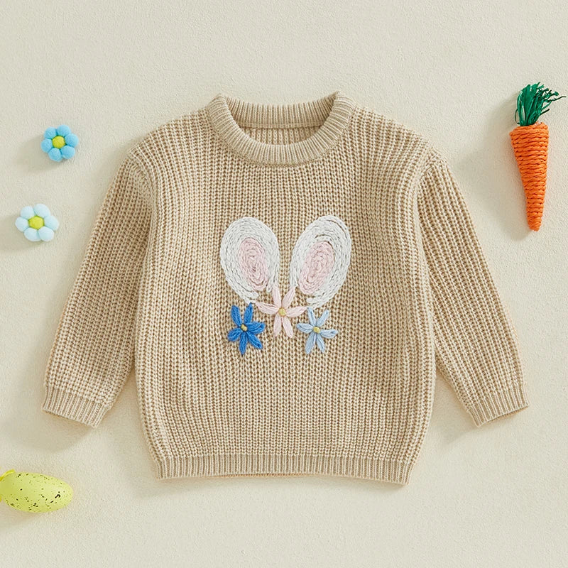 Baby Toddler Kids Girl Boy Children Bunny Rabbit Ears Flowers Bowtie Sweater Easter Clothes Long Sleeve Casual Knit Pullover Top