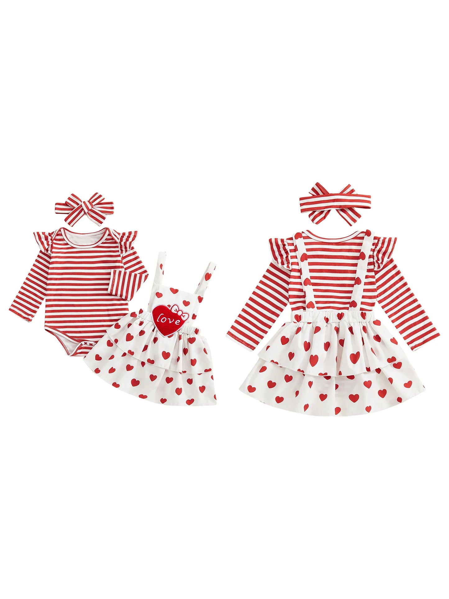 Baby Girl 3Pcs Valentine’s Day Outfit Long Sleeve Stripes Print Romper Suspender Skirt Dress Headband Set