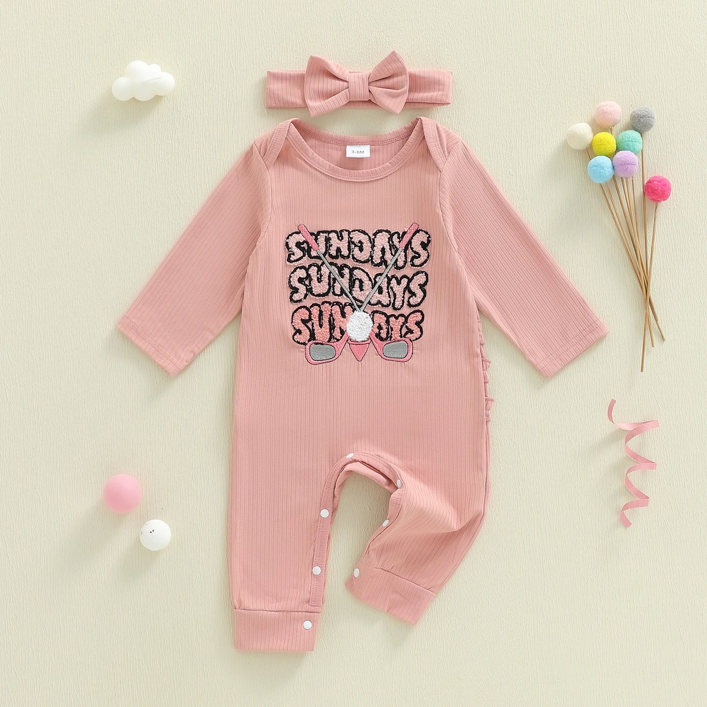 Baby Girl 2Pcs Sunday Outfit Golf Embroidered Ribbed Crew Neck Long Sleeve Romper and Bow Headband Set