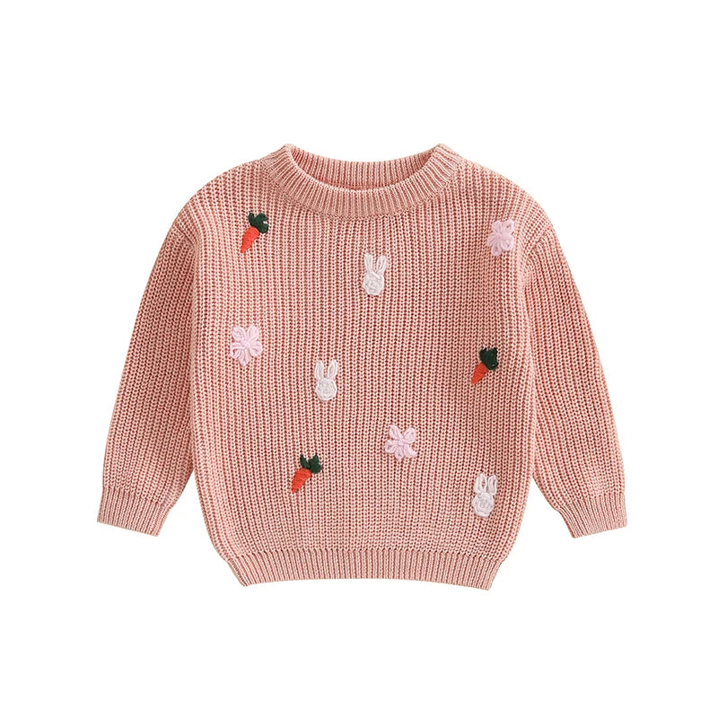 Baby Toddler Girls Knit Easter Sweater Long Sleeve O Neck Bunny Rabbit Carrot Embroidery Pullover Knitwear Top