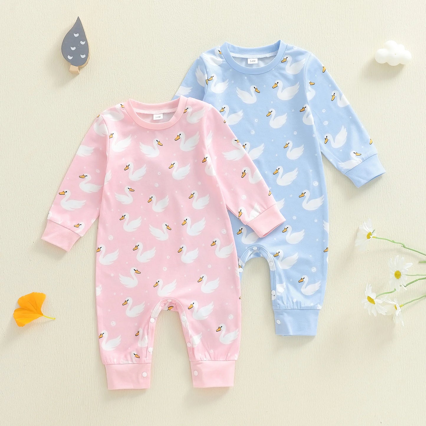 Baby Boys Girls Romper Comfortable Geese Print Crew Neck Long Sleeve Full Length Jumpsuit