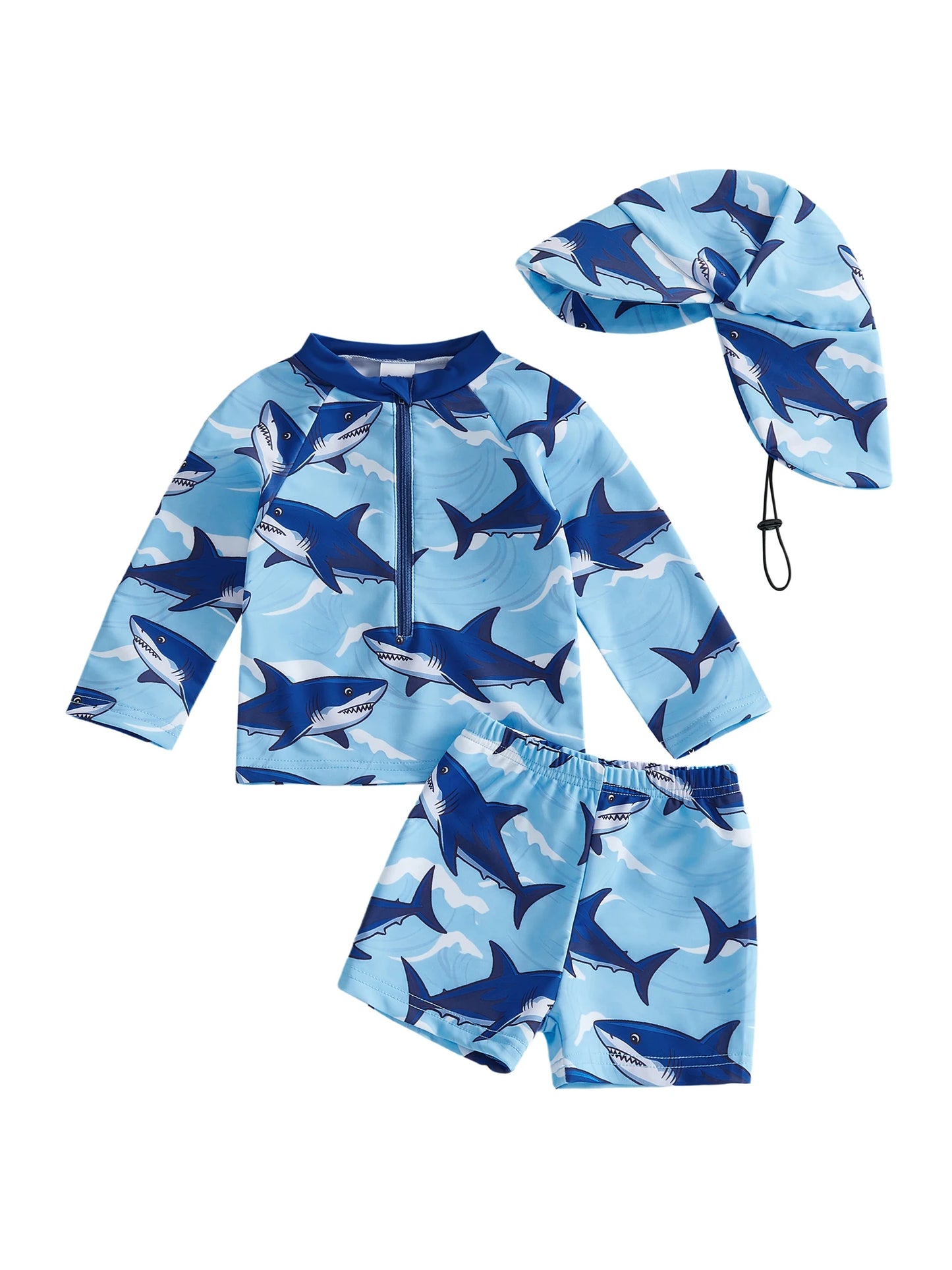 Baby Toddler Boys 3Pcs Rash Guard Swimsuit Print Zip Up Long Sleeve Swimwear Top Swim Shorts and Hat Set
