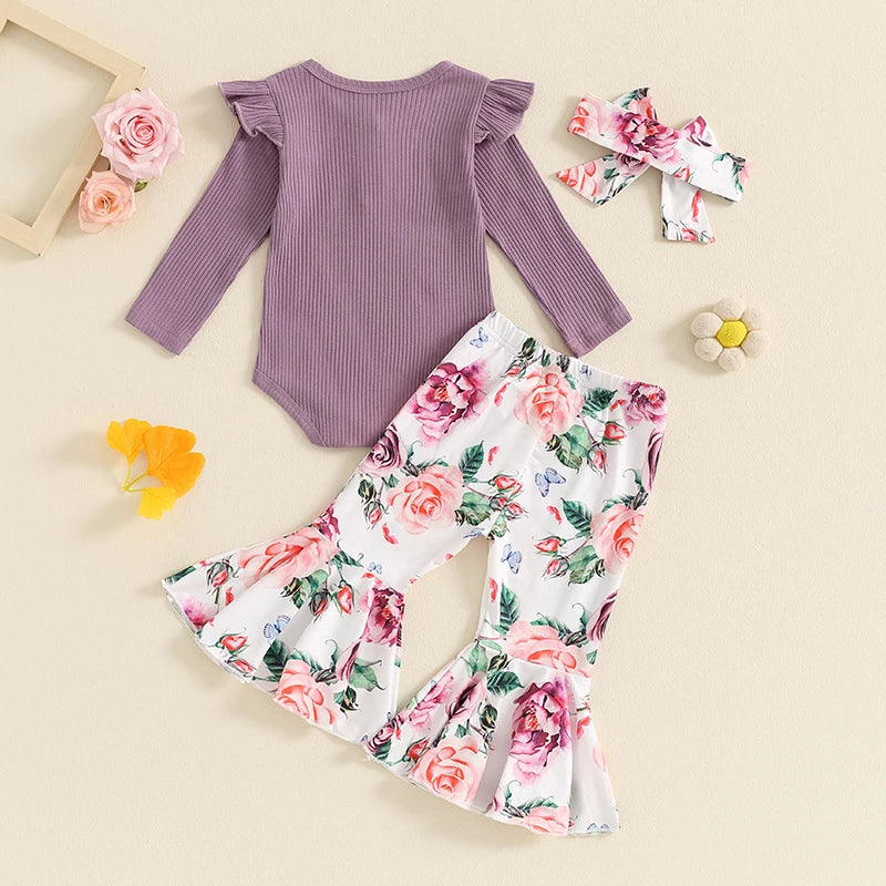 Baby Girls 3Pcs Fall Outfit Ribbed Long Sleeve Romper and Elastic Floral Print Flared Pants Headband Set