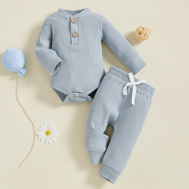 Baby Toddler Girl Boy 2Pcs Autumn Ribbed Clothes Sets Long Sleeve Bodysuits + Elastic Pants 2PCs Outfit