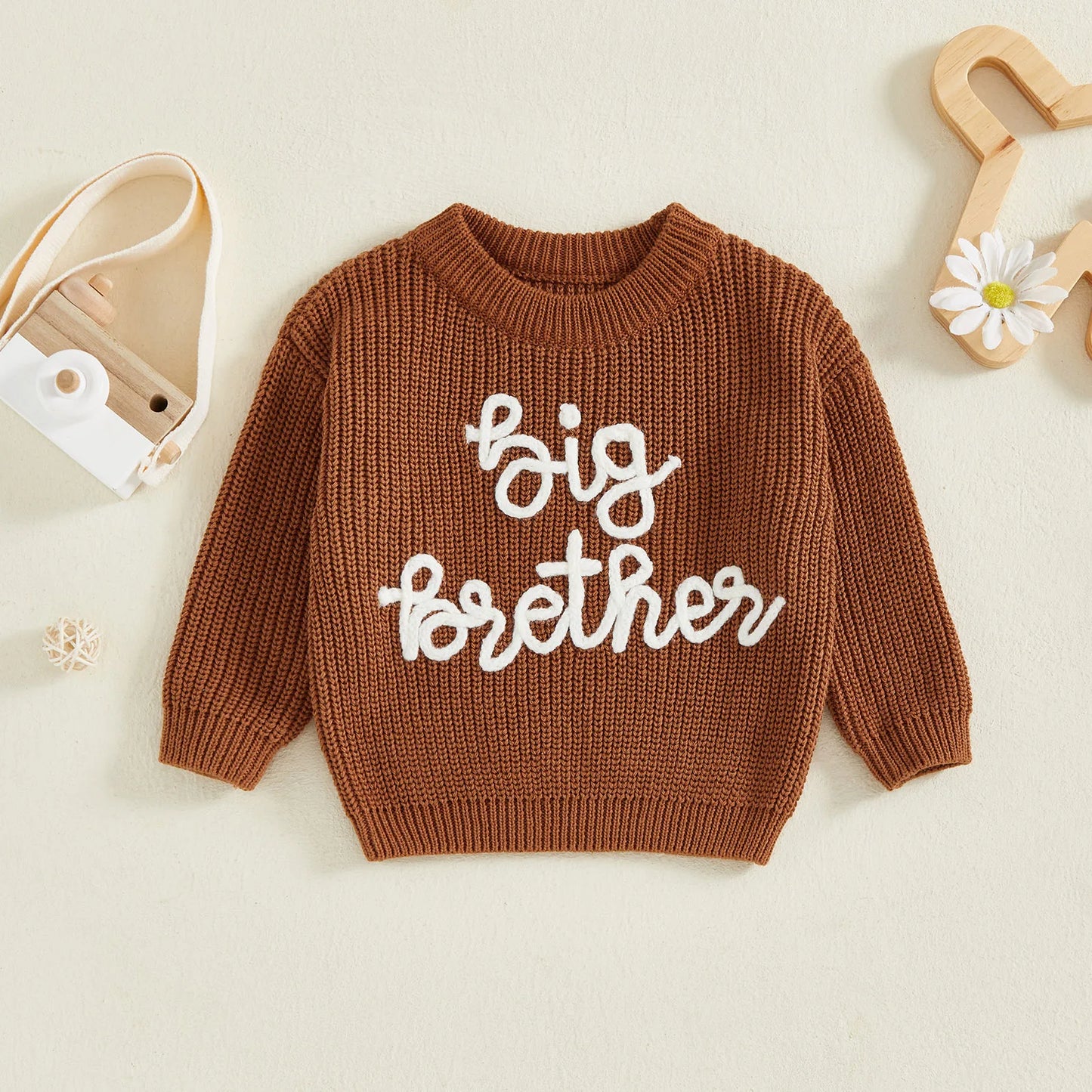 Toddler Boy Big Brother Fall Sweater Letter Embroidered Crewneck Long Sleeve Pullover Chunky Knit Tops