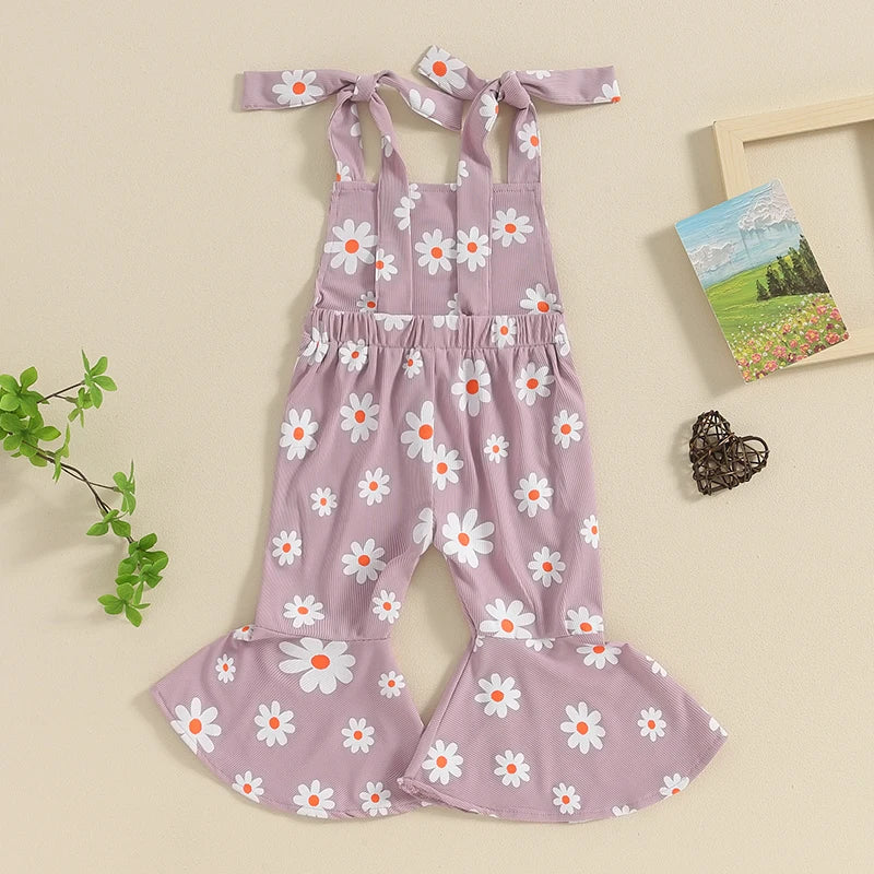 Baby Toddler Girls Summer Flare Leg Jumpsuit Daisy Flower Print Sleeveless Tie-Up Tank Top Bell-Bottoms Romper Overalls