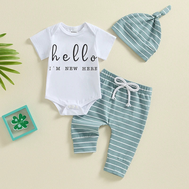 Baby Boy Girl 3Pcs Hello I'm New Here Summer Outfit Letter Print Short Sleeve Romper and Elastic Striped Long Pants and Beanie Hat Set