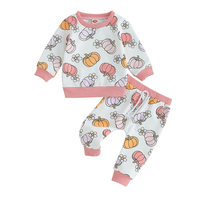 Baby Girl 2Pcs Pumpkin & Flower Print Long Sleeve Crewneck Tops Pants Fall Outfit Halloween Clothes