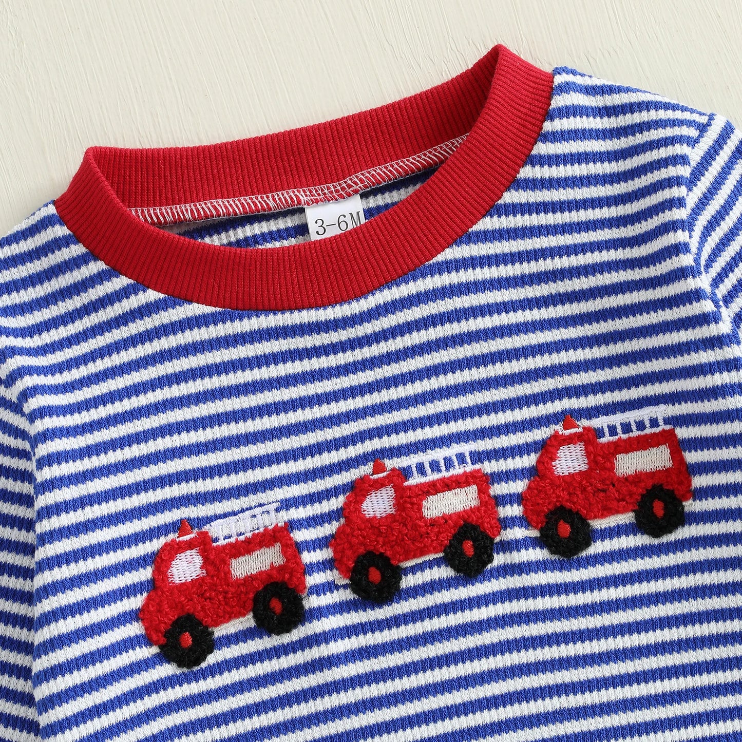 Baby Boy Fall Romper Striped Fire Truck Embroidered Crewneck Long Sleeve Full Length Jumpsuit