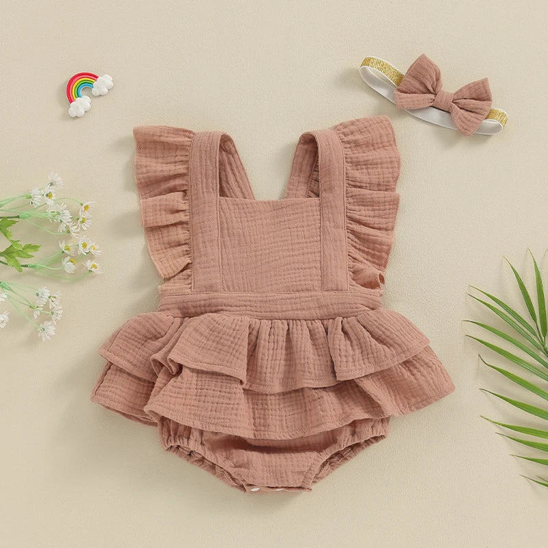 Baby Girls 2Pcs Romper Dress Solid Color Fly Sleeve Skirt Hem Tank Top Bodysuit Summer Clothes with Headband Set