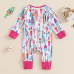 Baby Boys Girls Autumn Casual Romper Long Sleeve Crew Neck Fish Print Zipper Jumpsuit