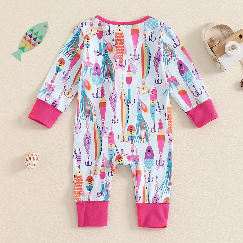 Baby Boys Girls Autumn Casual Romper Long Sleeve Crew Neck Fish Print Zipper Jumpsuit