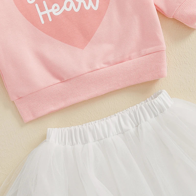 Baby Toddler Girls 2Pcs Valentine's Day Outfit Sweet Heart Letter Print O-Neck Long Sleeve Top Layered Tulle Tutu Skirt Clothes Set