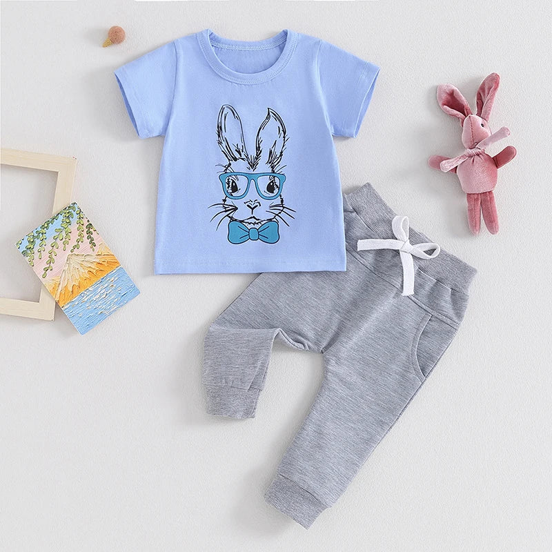 Baby Toddler Boy 2Pcs Easter Clothes Outfit Bunny Glasses Print Short Sleeve T-Shirt Top Elastic Waist Long Pants Set