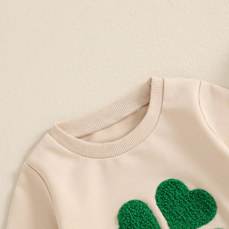 Baby Toddler Girl Boy St. Patrick's Day Casual Four Leaf Clover Shamrock Embroidery Long Sleeve Crewneck Top