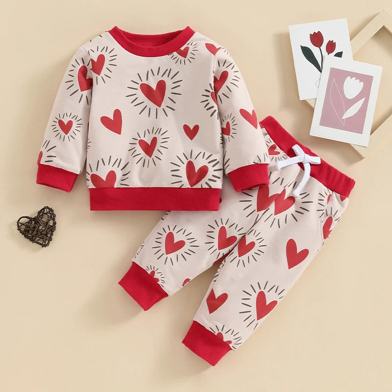 Toddler Baby Boy Girl 2Pcs Valentine’s Day Outfit Long Sleeve Heart Top + Pants Set