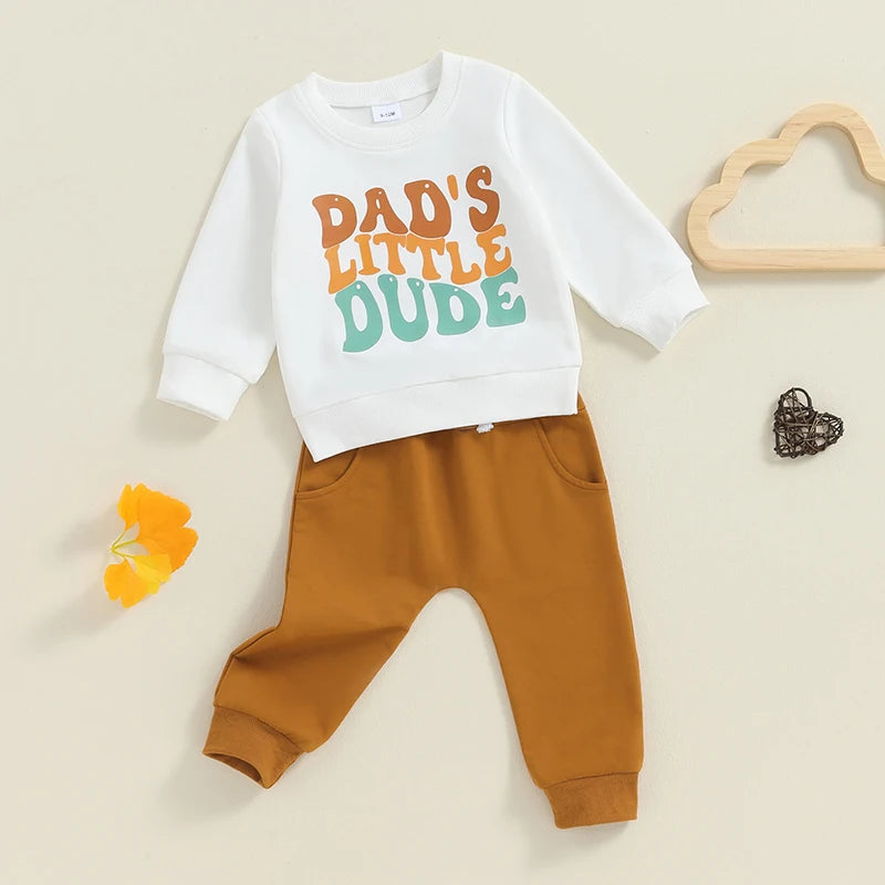 Baby Toddler Boys 2Pcs Dad's Little Dude Fall Outfit Letter Print Long Sleeve Round Neck Top and Solid Color Pants Set