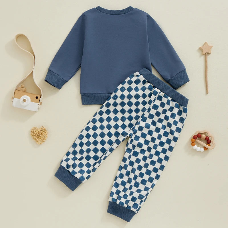 Toddler Kids Boys Girls 2Pcs Big Brother / Sister Letter Print Long Sleeve Top with Elastic Waist Checkered Print Pants Set Outfit